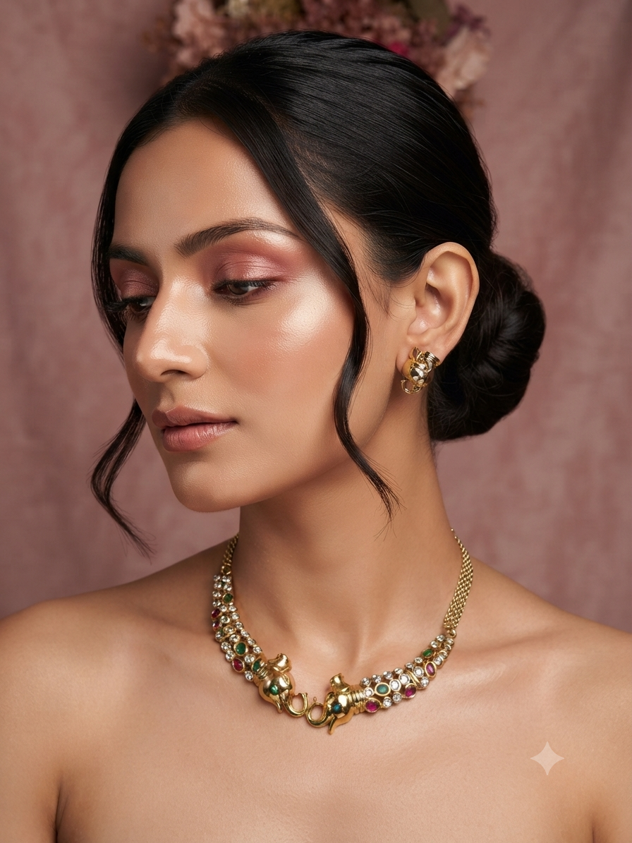 Elephant motif Ruby & Green Stone Hasli Necklace set