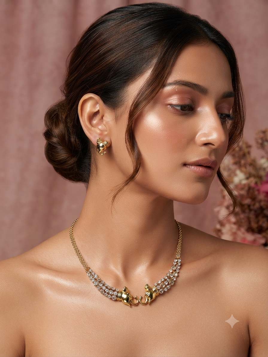 Elephant motif white Stone Hasli Necklace set