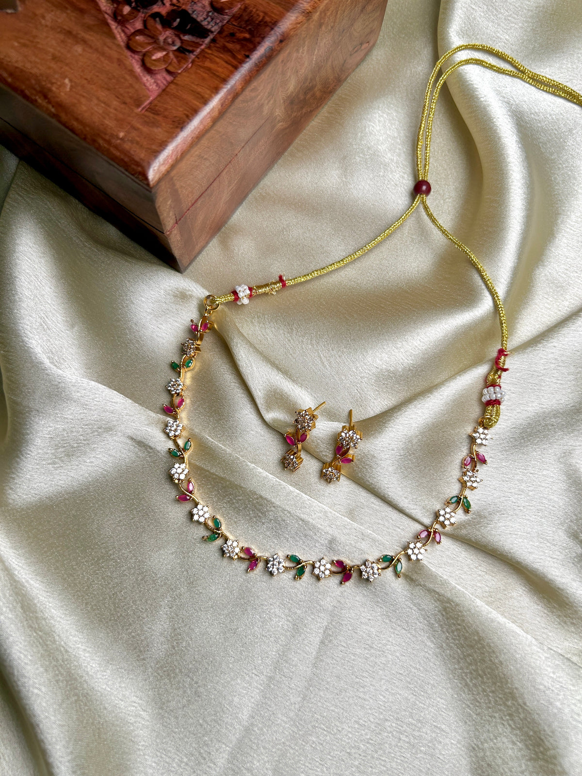 Floral Vine Motif AD Gold Toned Necklace Set