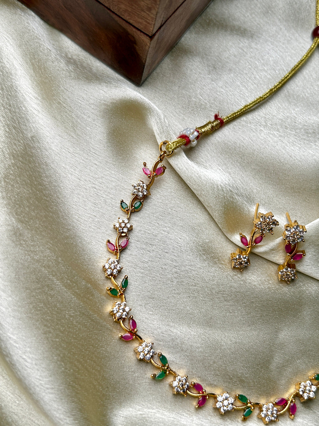Floral Vine Motif AD Gold Toned Necklace Set