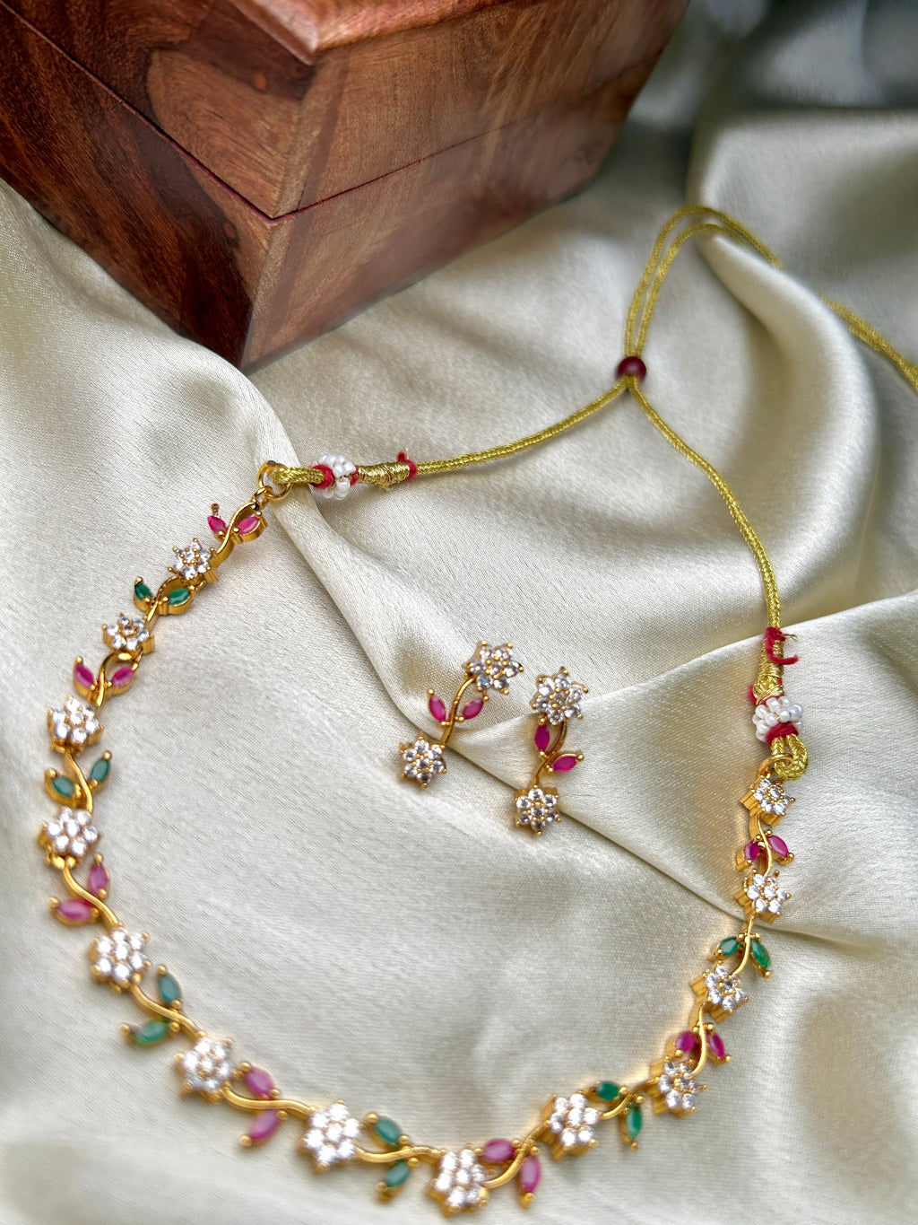 Floral Vine Motif AD Gold Toned Necklace Set