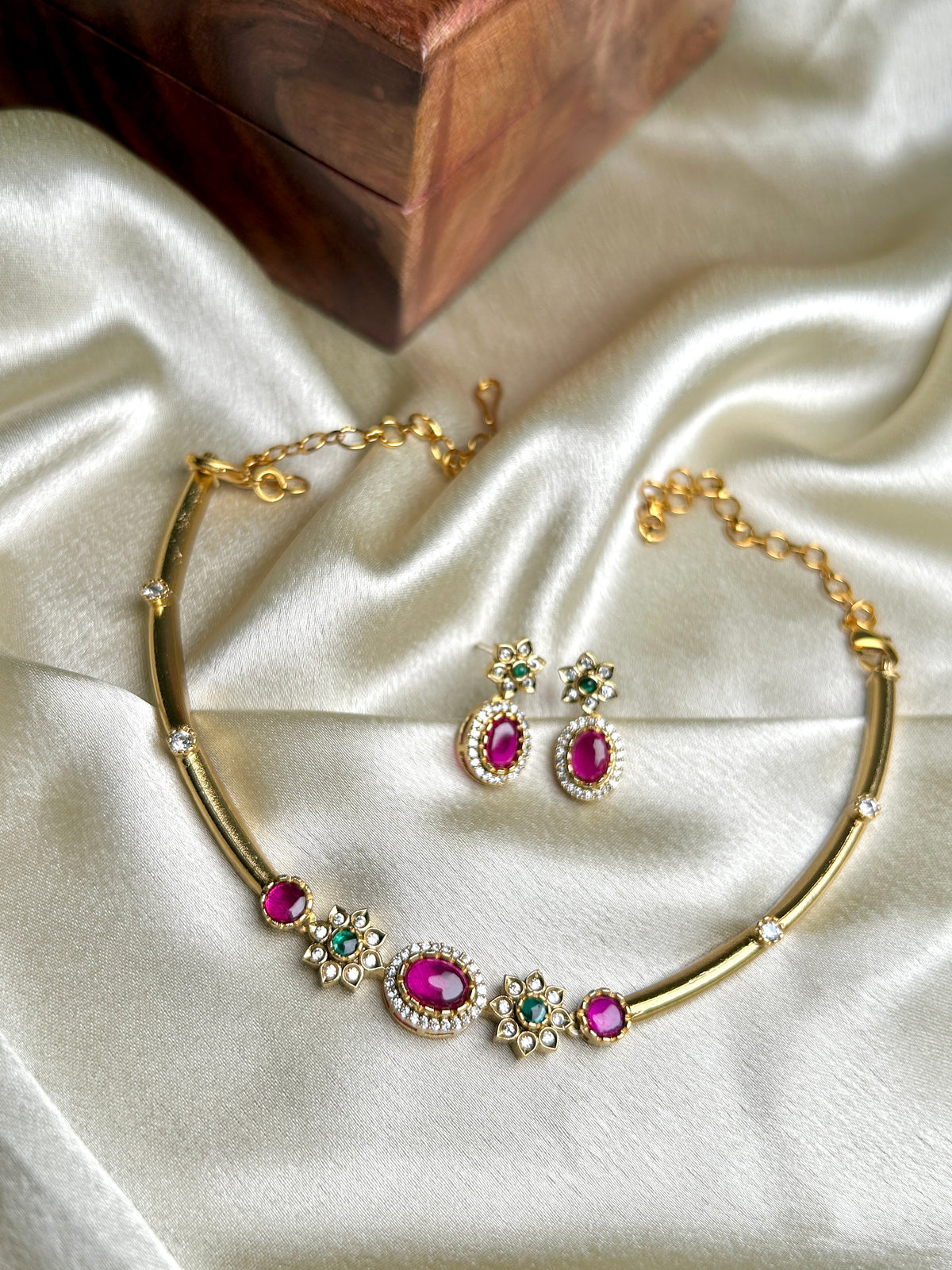 Gold Toned Ruby Hasli Necklace Set