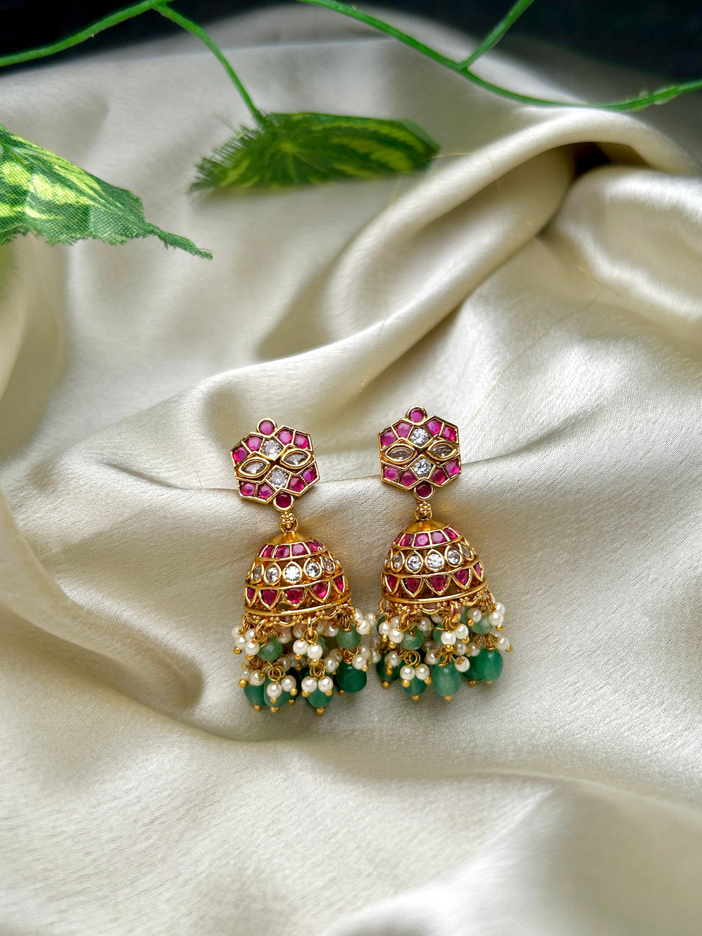 Opulent Kundan and Kemp Stone Pearl Layered Jhumka