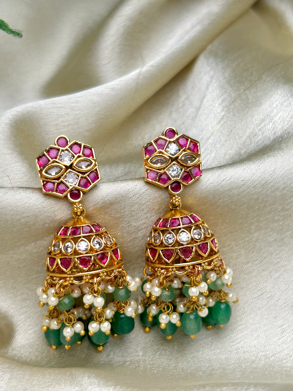 Opulent Kundan and Kemp Stone Pearl Layered Jhumka