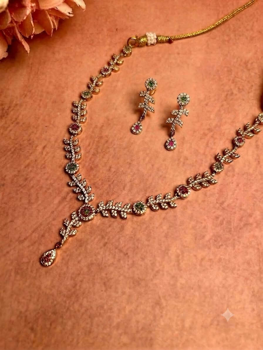Intricate Zirconia Multi Leaf Necklace Set